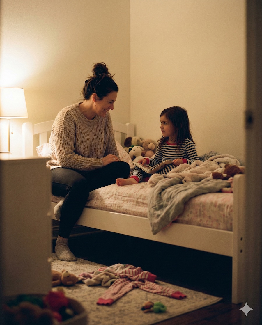 Bedtime chaos, mom tired but loving